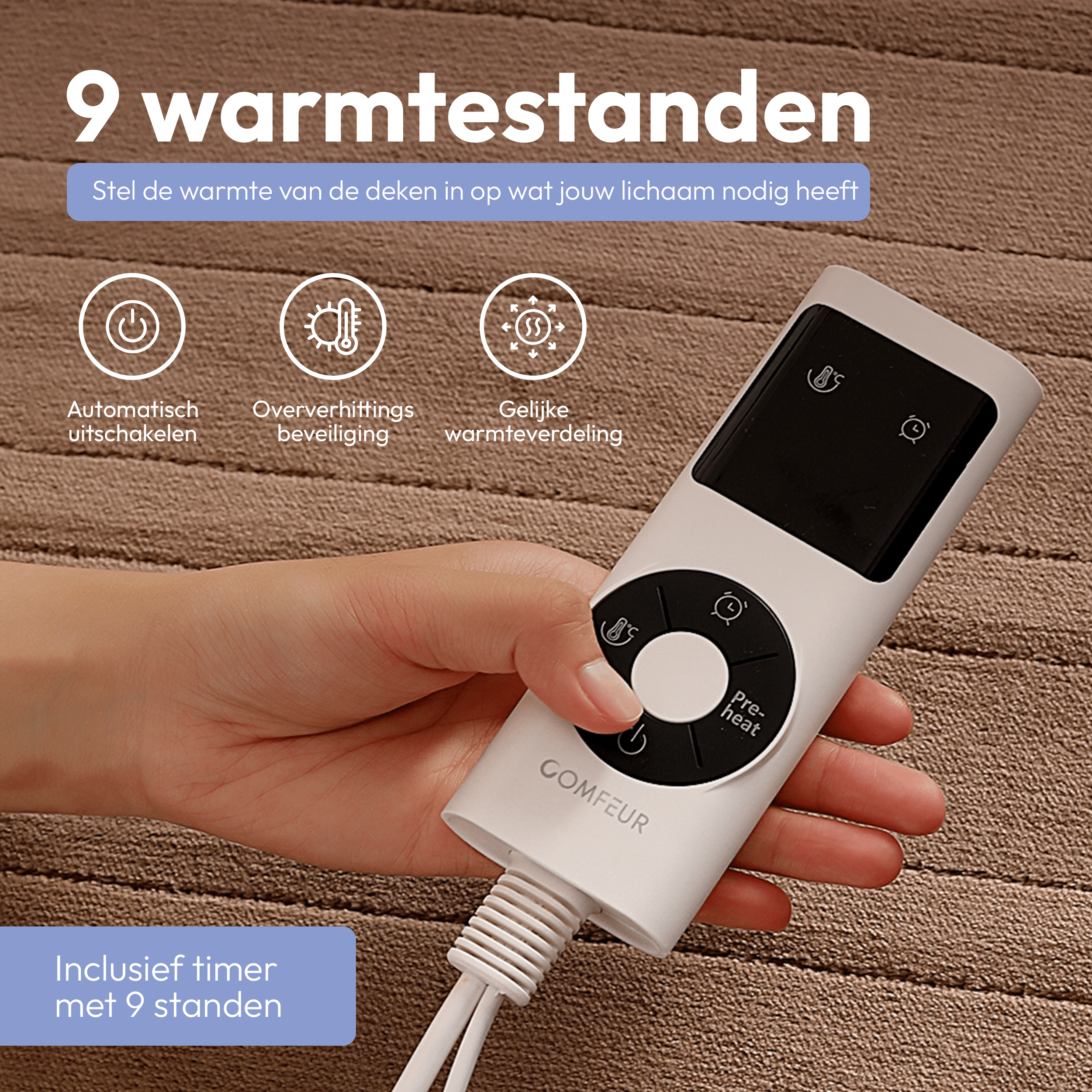 Electric blanket 180x120 cm - Preheat option - 9 heat settings