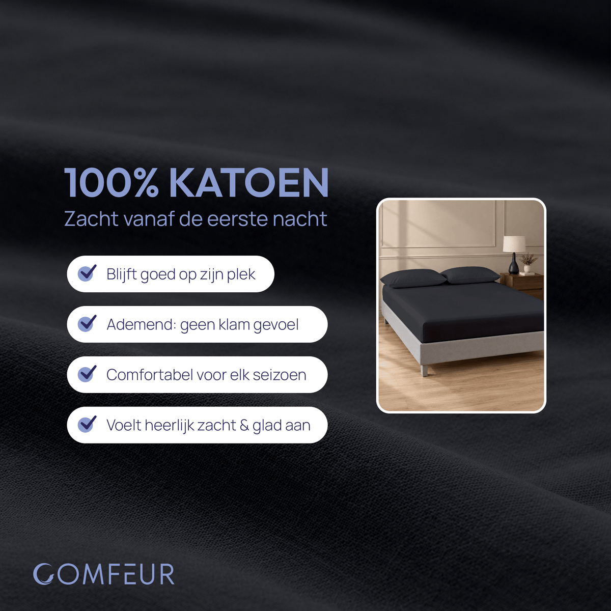 Comfeur hoeslaken 100% katoen zwart - 100% katoen, zacht vanaf de eerste nacht en ademend